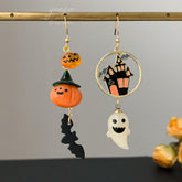 Bat Ghost Pumpkin Halloween Earrings Dangle, Asymmetry Pumpkin Earrings, Unique Halloween Earrings Dangle